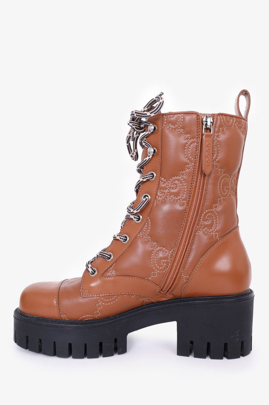Gucci Brown Leather Quilted Monogram Boots Size 36.5