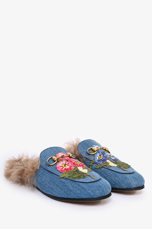 Gucci Blue Denim Embroidered Princetown Slip-On Mules Size 36