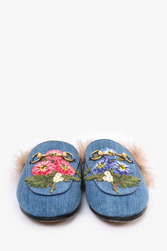 Gucci Blue Denim Embroidered Princetown Slip-On Mules Size 36