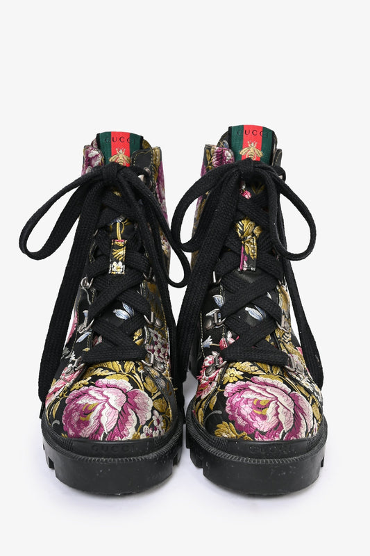 Gucci Black Floral Combat Boots Size 40.5