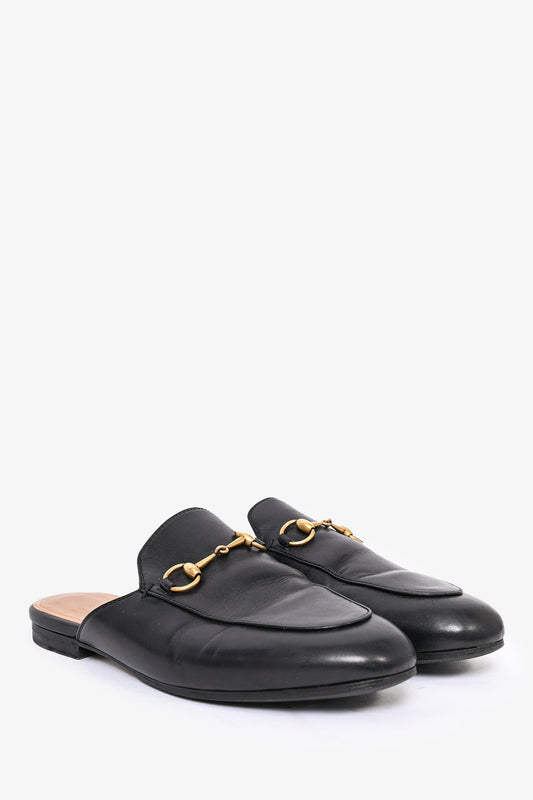 Gucci Black Leather Horsebit Princetown Slides Size 38