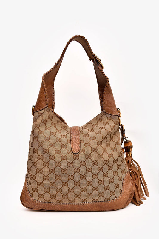 Gucci Brown Leather/Canvas GG Supreme New Jackie 2 Way Shoulder Bag (As Is)