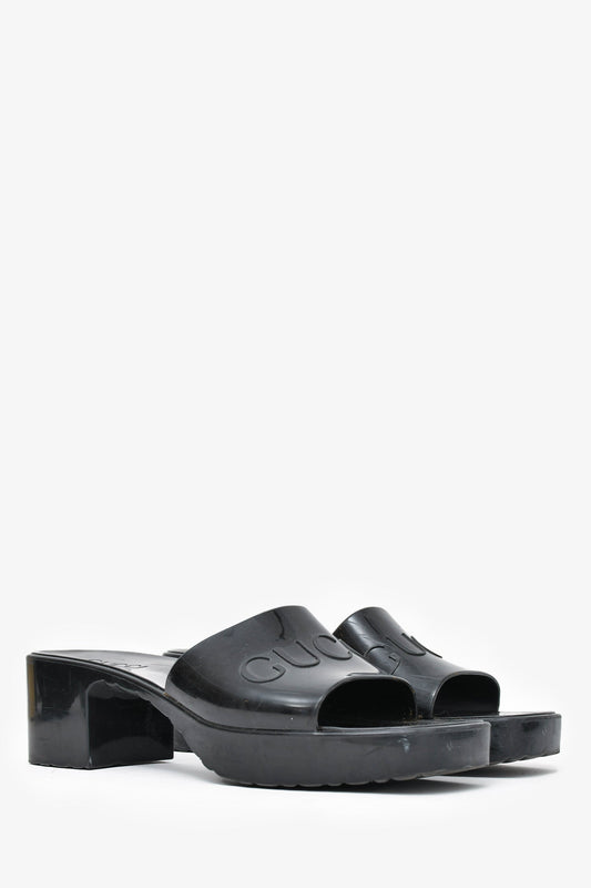 Gucci Black Rubber Logo Heeled Sandals Size 38