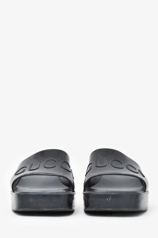 Gucci Black Rubber Logo Heeled Sandals Size 38