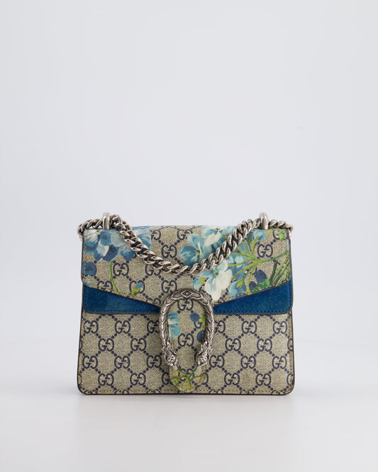 Gucci Brown and Blue Floral Canvas Mini Supreme Dionysus Crossbody Bag With Ruthenium Hardware