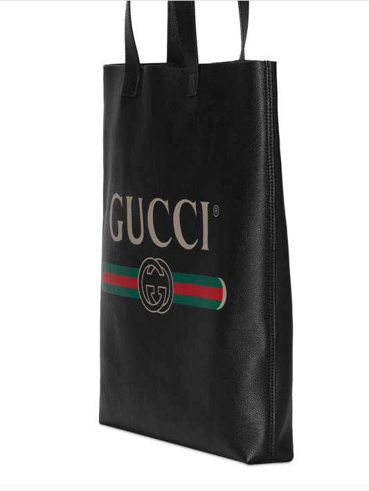 Gucci Logo Print Leather Tote Bag in Black