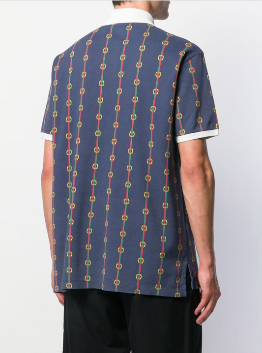 Gucci Horse-bit Chain Print Polo Shirt in Blue