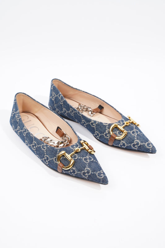 Gucci Ballerina GG Pump Blue / Gold Denim EU 37.5 UK 4.5