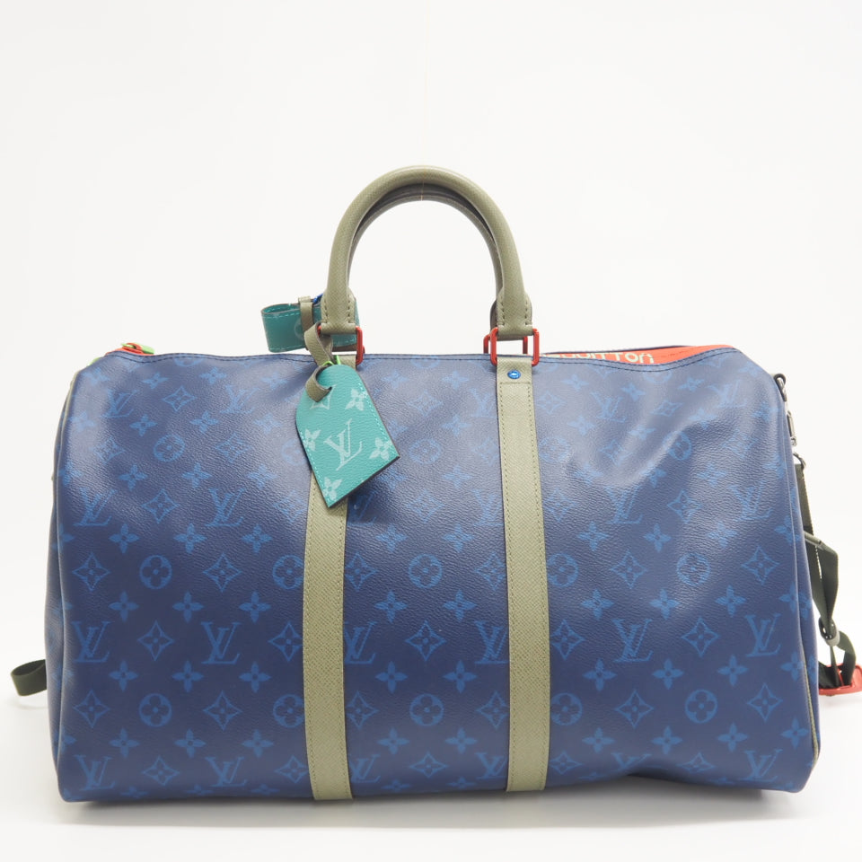 LOUIS VUITTON Boston Duffel bag M43855 leather blue monogram pacific Keepall  bandouliere45