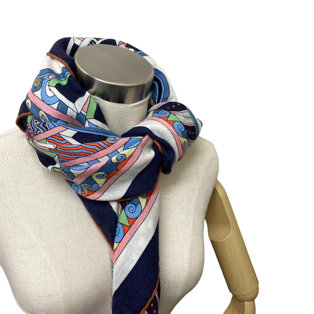 HERMES scarf Cashmere, Silk Navy Harnais en Rosace Harness rose window Caregean Women Used