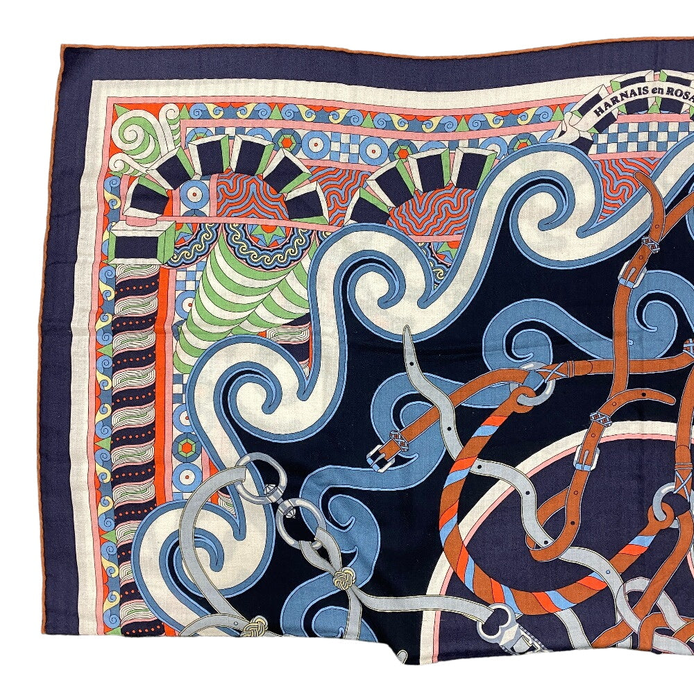 HERMES scarf Cashmere, Silk Navy Harnais en Rosace Harness rose window Caregean Women Used