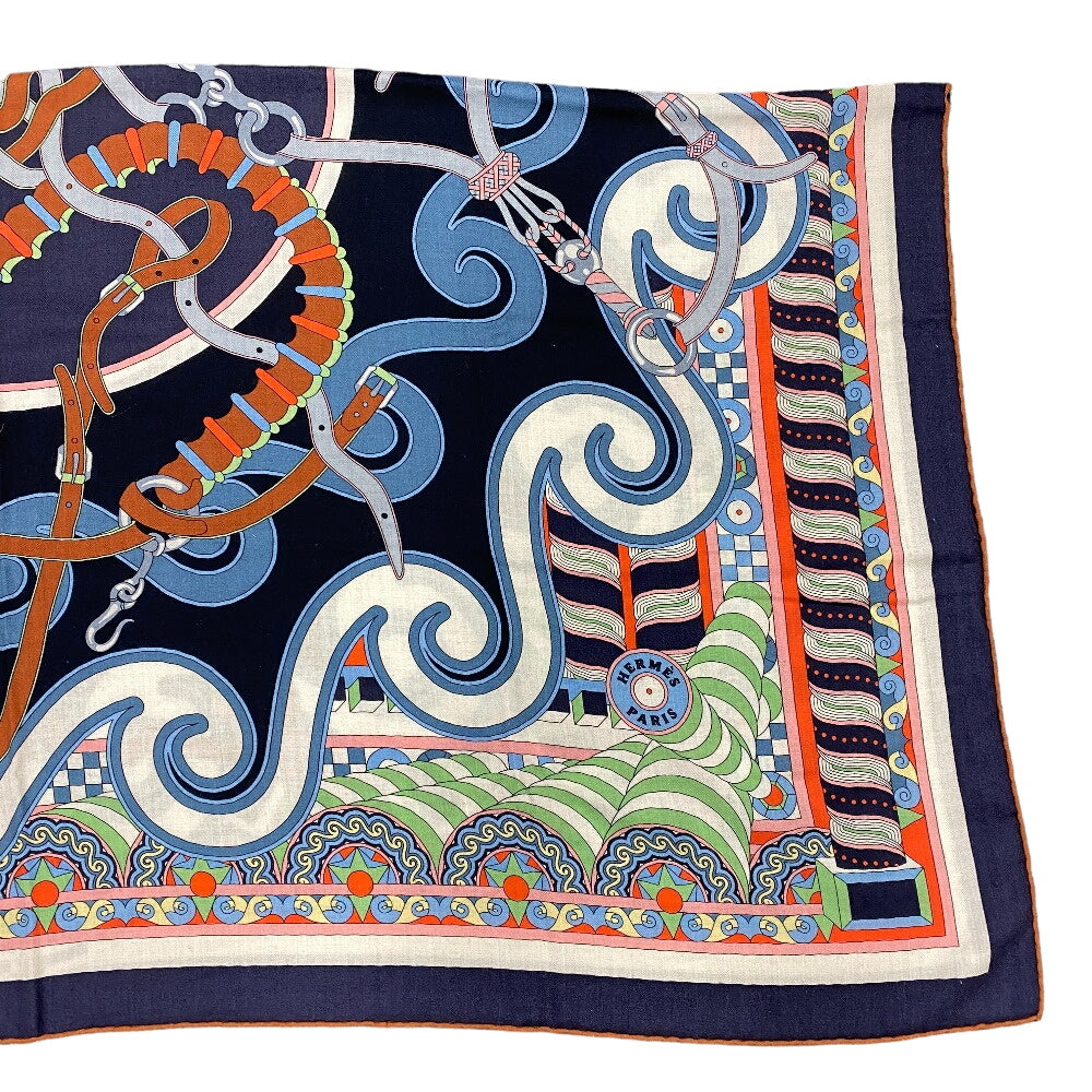 HERMES scarf Cashmere, Silk Navy Harnais en Rosace Harness rose window Caregean Women Used