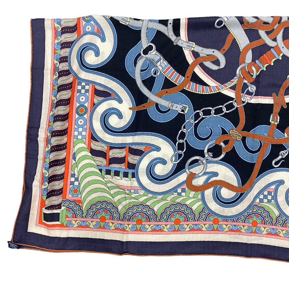HERMES scarf Cashmere, Silk Navy Harnais en Rosace Harness rose window Caregean Women Used