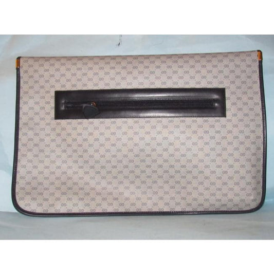 1970's -1980's Gucci Navy Blue Micro Guccissima Print Coated Canvas & Navy Leather Vintage XL Envelope Clutch
