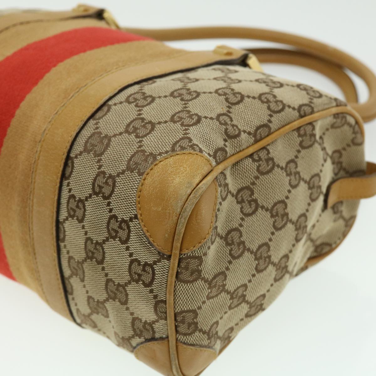 Gucci GG Canvas Sherry Line Hand Bag Beige Brown Red 0000851001553  ar7441