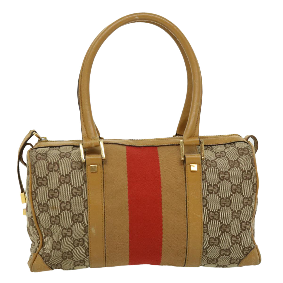 Gucci GG Canvas Sherry Line Hand Bag Beige Brown Red 0000851001553  ar7441