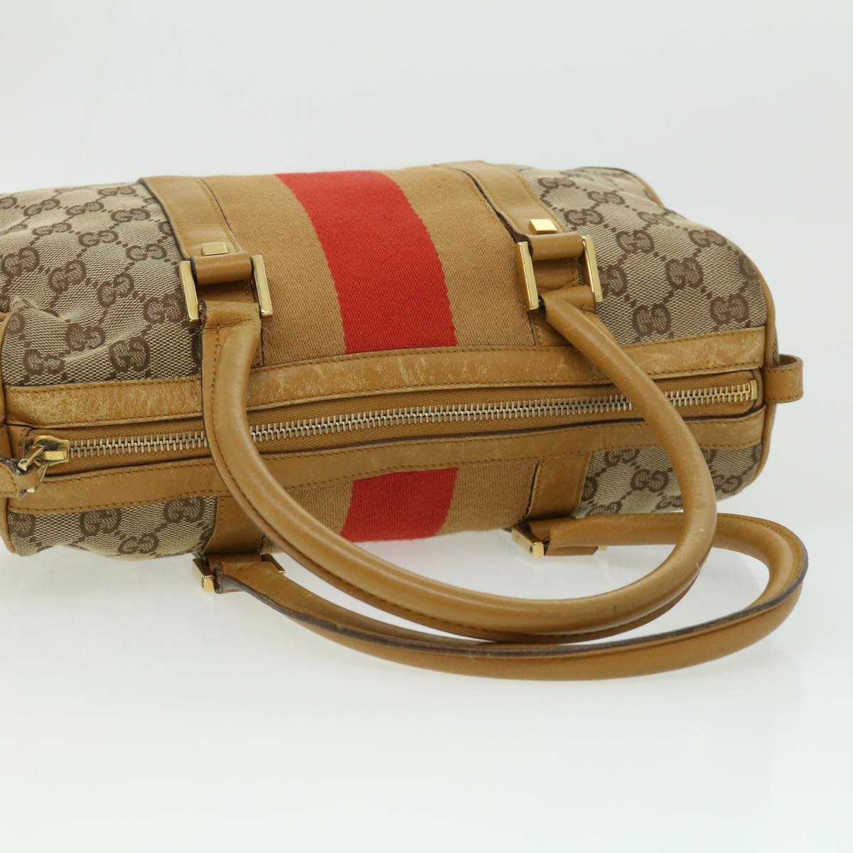 Gucci GG Canvas Sherry Line Hand Bag Beige Brown Red 0000851001553  ar7441