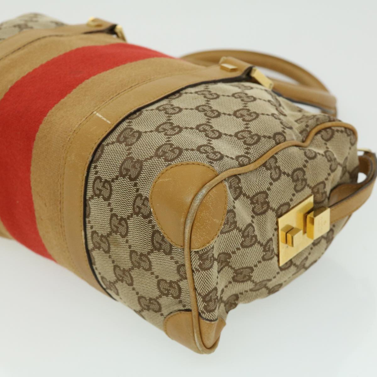 Gucci GG Canvas Sherry Line Hand Bag Beige Brown Red 0000851001553  ar7441