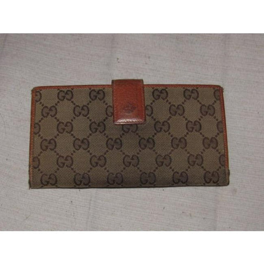 Gucci Brown Large G Logo Print Canvas And Orange Brown Leather Vintage Wallet
