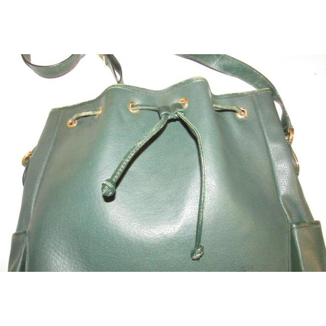 Gucci Horsebit Bucket Bag Xl Drawstring Accents Green W Gold Horseshoes Leather Satchel