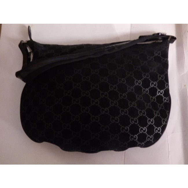 Gucci Vintage Black With Metallic Embossed G Logo Print Suede Leather Hobo Bag