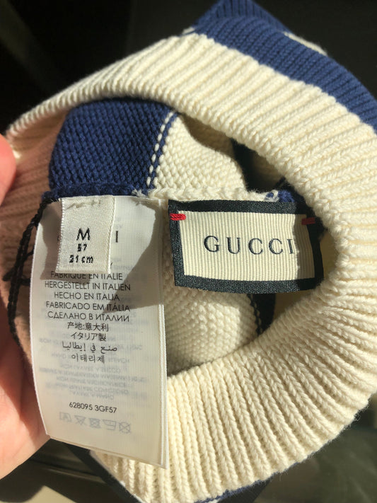 Gucci Blue and White Striped Beanie Hat with Cherry Motif