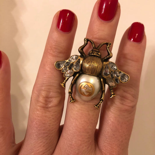 Gucci Bee Ring in Antique Gold with Crystals and Pearl