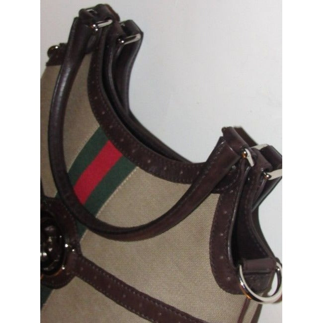 Gucci britt reins blondie, dark khaki canvas & brown leather, two handle, two-way- satchel or hobo style purse with an open top, red and green Sherry stripe and chrome GG accent