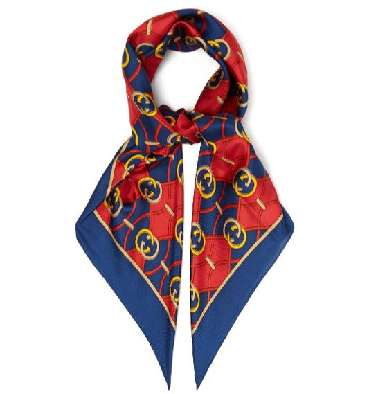 Gucci GG Waves Rhombus Silk Scarf in Navy