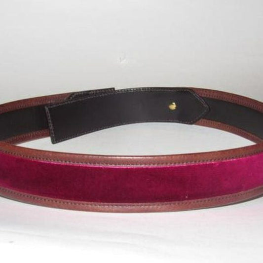 Gucci Brown Leather & Burgundy Velvet Belt w Brass Equestrian Buckle