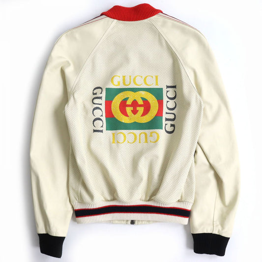 GUCCI Bomber jacket Main: Lamb leather, Main: 97% cotton, Main: 2% nylon, Main: 1% polyurethane, Part: 100% nylon Ivory mens 44 Used