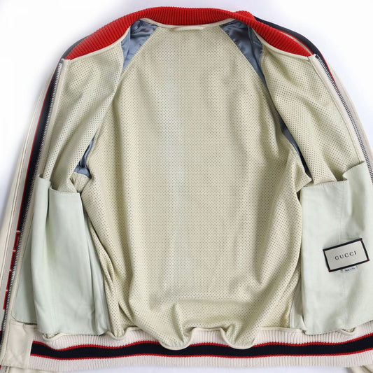 GUCCI Bomber jacket Main: Lamb leather, Main: 97% cotton, Main: 2% nylon, Main: 1% polyurethane, Part: 100% nylon Ivory mens 44 Used