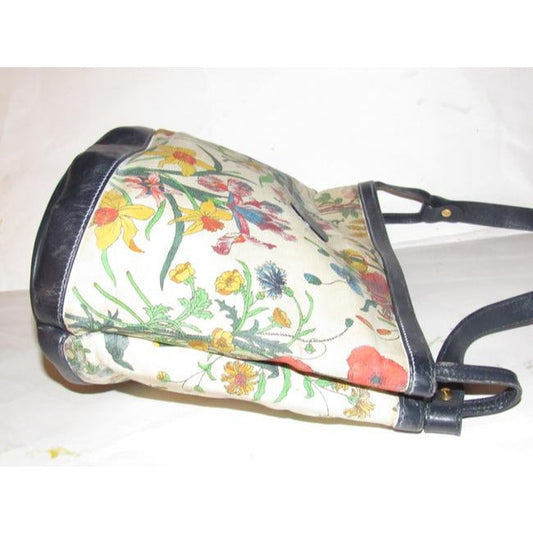 Gucci Garden Souvenir Vintage Pursesdesigner Purses Floral Print Canvas And Navy Blue Leather Satche