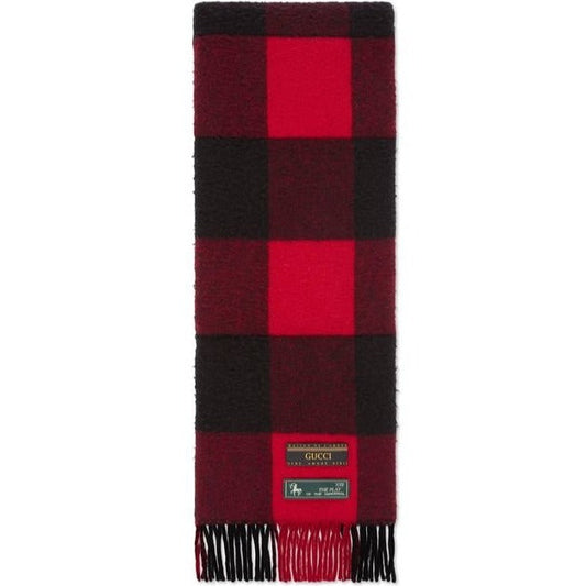 Gucci Fringed Padded Checked Wool Scarf in Red