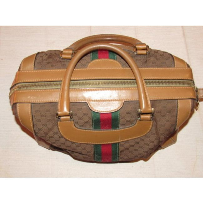 Gucci Vintage Dark Brown Small G Logo Print Fabric And Camel Leather With Red