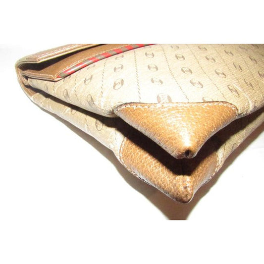 Gucci Brown Diagonal Link Print Clutch w Double Flap Top & Red & Green Trim