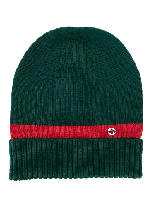 Gucci GG Green Wool Beanie with Red Stripe