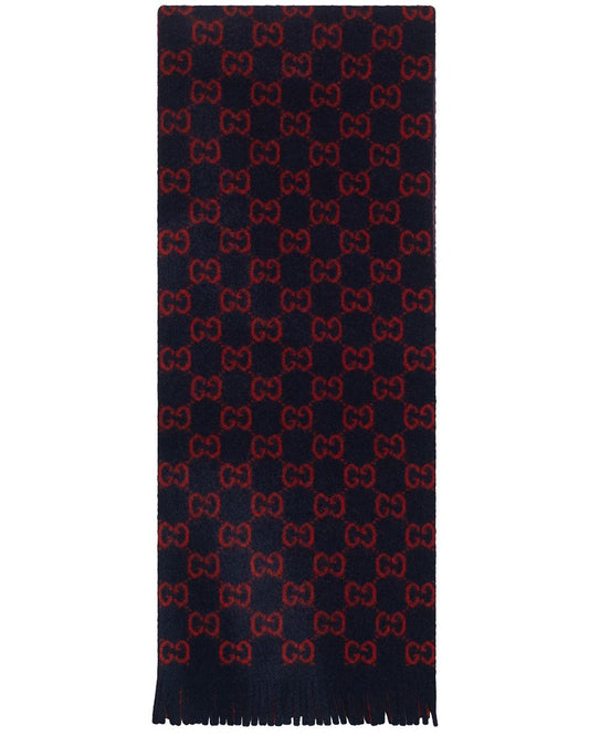 Gucci GG Wool Scarf In Midnight Blue & Red
