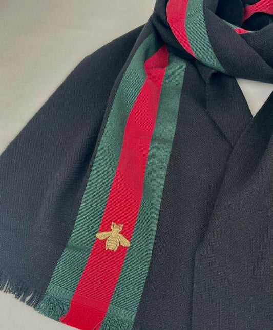 Gucci Black Wool Cashmere Silk Long Scarf with BRB Web and Bee