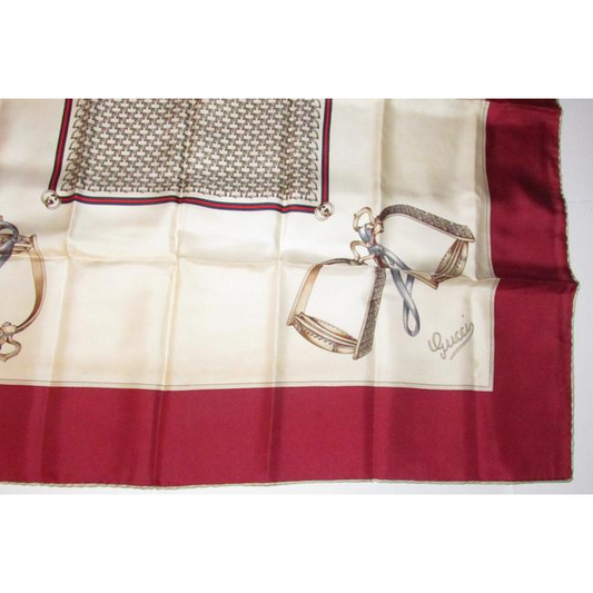 Gucci Black Gold Red Grey Navy Rust Xl Logo And Equestrian Print Silk Scarf
