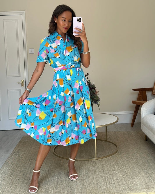 Gucci Blue Floral Linen Blend Belted Midi Dress Size IT 40 (UK 8)
