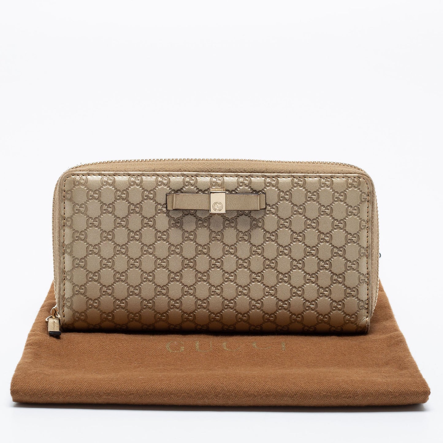 Gucci Metallic Beige Microguccissima Leather Bow  Zip Around Wallet