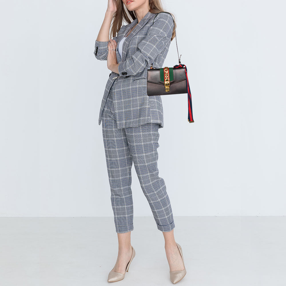 Gucci Black Leather Small Web Sylvie Flap Shoulder Bag