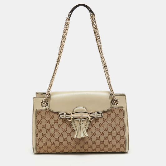 Gucci Beige GG Canvas and Leather Large Emily Chain Shoulder Bag