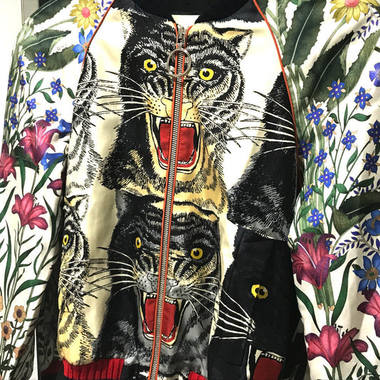 GUCCI Blouson 476247 Silk, Sequins White x Multicolor tiger print bomber jacket jacket outerwear 36