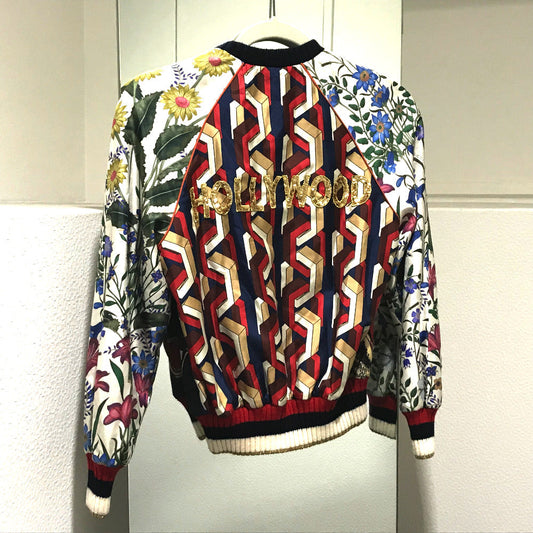 GUCCI Blouson 476247 Silk, Sequins White x Multicolor tiger print bomber jacket jacket outerwear 36