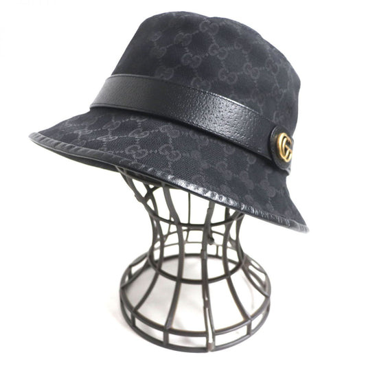 GUCCI hat Outer: 68% polyester, Outer: 16% cotton, Outer: 16% nylon, Lining: 50% rayon, Lining: 50% cotton Main: Black<br>Metal: Gold mens 58 Used