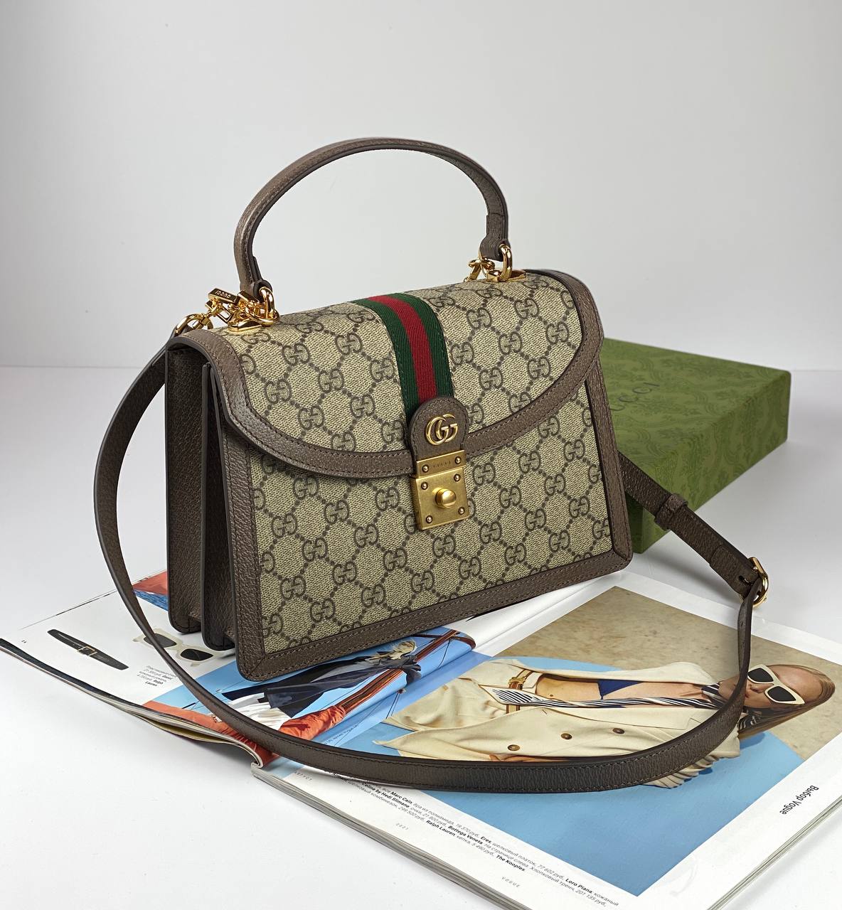Gucci Ophidia small top handle bag Beige and ebony GG Supreme canvas