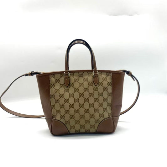 Gucci Beige Brown GG Canvas Leather Two Way Bag Medium