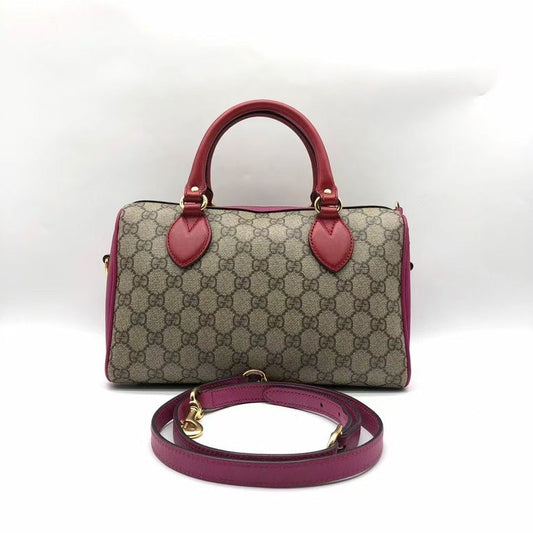 Gucci Beige Red GG Canvas Leather Two-Way Boston Bag Medium